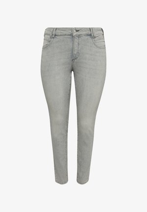 Hellgraue Skinny-Jeans aus Denim. Ausgestattet mit fünf Taschen, Gürtelschlaufen und einem vorderen Knopfverschluss. Glatte Textur mit einem subtilen Verblassen.