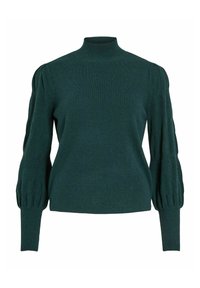 Maglione lavorato a maglia di colore verde scuro con collo alto, spalle strutturate e maniche a sbuffo, caratterizzato da una texture a coste e polsini aderenti.