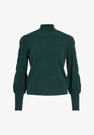 Suéter de punto en verde oscuro con cuello alto, hombros estructurados y mangas abullonadas, que presenta una textura acanalada y puños ajustados.