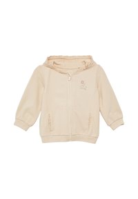 Felpa beige con zip, dotata di cappuccio arricciato, polsini elasticizzati e ricamo floreale sul petto. Realizzata in tessuto morbido e leggero.
