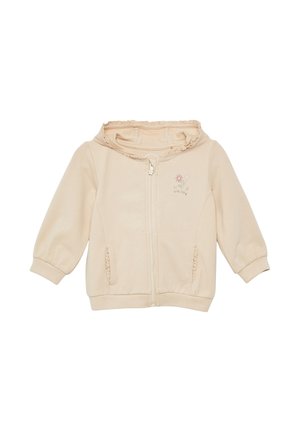 Beige zip-up hoodie met een ruffled capuchon, elastische manchetten en bloemembroidery op de borst. Gemaakt van zachte, lichte stof.