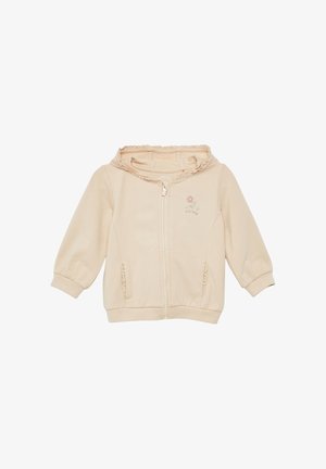 Felpa beige con zip, dotata di cappuccio arricciato, polsini elasticizzati e ricamo floreale sul petto. Realizzata in tessuto morbido e leggero.