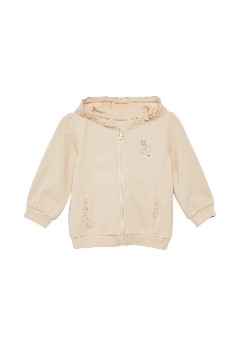 Felpa beige con zip, dotata di cappuccio arricciato, polsini elasticizzati e ricamo floreale sul petto. Realizzata in tessuto morbido e leggero.
