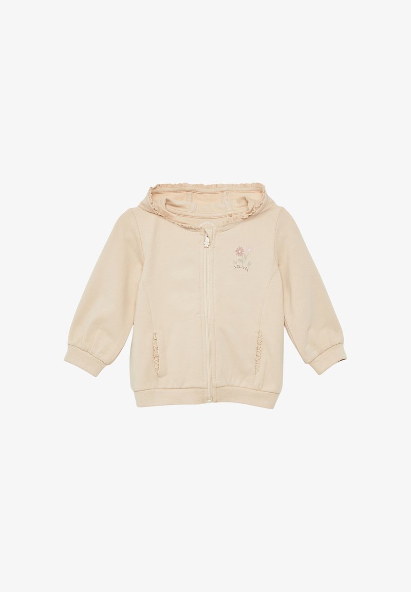 Felpa beige con zip, dotata di cappuccio arricciato, polsini elasticizzati e ricamo floreale sul petto. Realizzata in tessuto morbido e leggero.