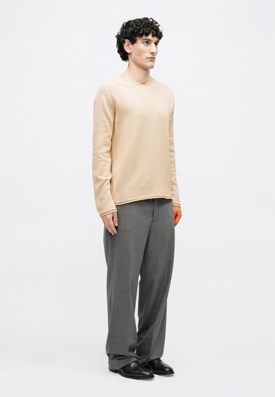 Jeune homme aux cheveux bouclés portant un pull beige à manches longues, un pantalon gris à jambes larges et des chaussures noires, debout devant un fond blanc uni.