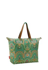 Gecombineerde tas van groene stof met bloemdetails, bruine leren handvatten en een ritssluiting. Kenmerkt zich door een gestructureerde vorm met accentkleuren.