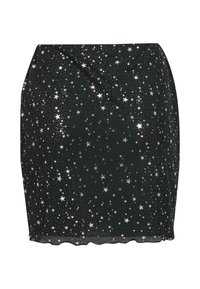Černá mini sukně s přiléhavým střihem, zdobená stříbrnými hvězdicovými vzory. Hladká textura s vroubkovaným lemem na spodní části.