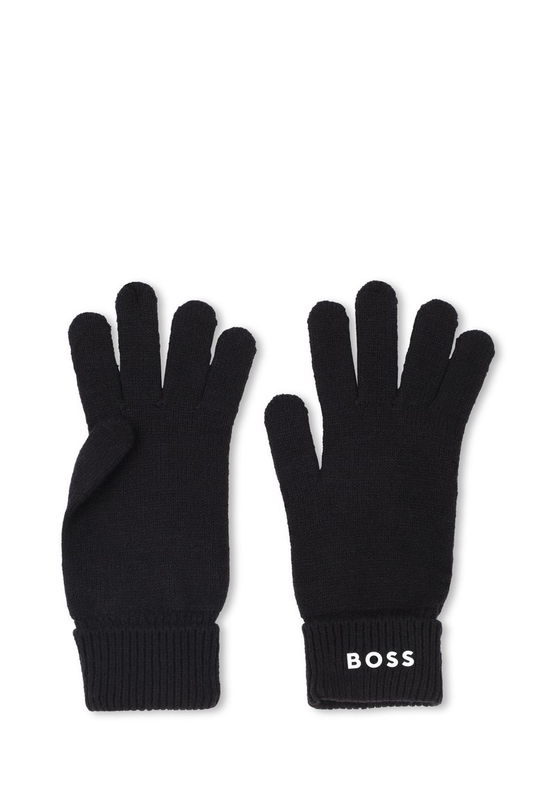 Črne pletene rokavice z rebrastim robom. Na zapestju se ponašajo z belim logotipom 'BOSS'. Imajo gladko teksturo in standardno obliko prstov za dober oprijem.