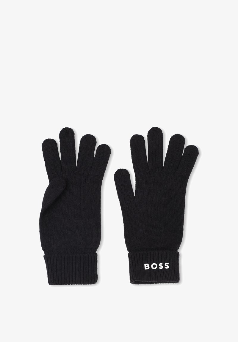 Luvas de malha pretas com punho canelado. Apresenta o logótipo "BOSS" em branco no pulso. Textura lisa, forma padrão para os dedos, ideal para agarrar.