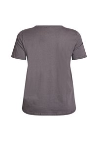 Graues kurzärmeliges T-Shirt mit rundem Ausschnitt, entspannter Passform und glatter Textur. Der Saum ist gerade und hinten leicht länger.