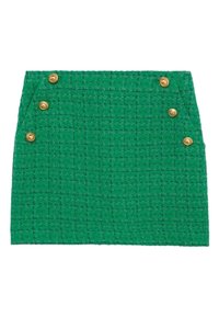 Jupe en tweed vert avec un motif texturé, dotée de boutons dorés sur le côté gauche pour la fermeture. Design droit, sans embellissements.