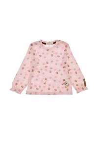 Helles rosa Langarmshirt mit Rundhalsausschnitt, versehen mit bunten Punkten und einem kleinen verspielten Design am Saum. Mit elastischen Bündchen.