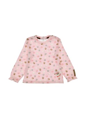 Helles rosa Langarmshirt mit Rundhalsausschnitt, versehen mit bunten Punkten und einem kleinen verspielten Design am Saum. Mit elastischen Bündchen.