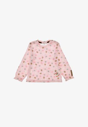 Light pink long-sleeve shirt with a round neck, featuring colorful polka dots and a small whimsical design on the hem. Elastic cuffs.