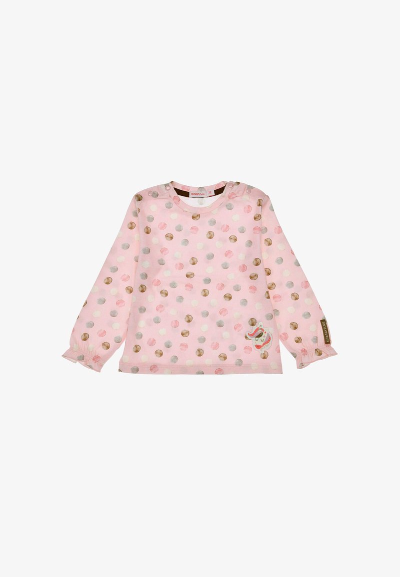 Helles rosa Langarmshirt mit Rundhalsausschnitt, versehen mit bunten Punkten und einem kleinen verspielten Design am Saum. Mit elastischen Bündchen.