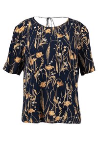 Marinblus med kort ärm, med ett blommönster i guld och vitt. Rundad halsringning med en knytdetalj på baksidan. Slät tyg.