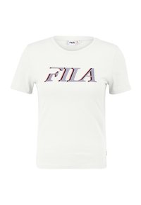 Witte T-shirt met korte mouwen, gemaakt van katoen, met een opvallend FILA-logo in paars en rood. Eenvoudige ronde hals en textuurstof.
