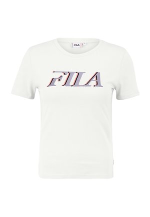 Witte T-shirt met korte mouwen, gemaakt van katoen, met een opvallend FILA-logo in paars en rood. Eenvoudige ronde hals en textuurstof.