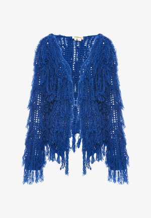 Sininen hapsullinen virkkaustakki, jossa on avoin etuosa, pitkät hihat ja teksturoitu lanka. Reunoilla on vaihteleva pituus hapsuja.