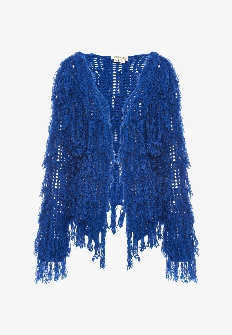 Modrý háčkovaný cardigan s třásněmi, otevřeným předním dílem, dlouhými rukávy a strukturální přízí. Obsahuje třásně různých délek podél okrajů.