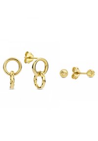 Goldene Ohrringe mit einem verdrehten Design, das runde und Stecker-Elemente beinhaltet. Die Oberfläche ist poliert, mit einem glänzenden Finish und floralen Akzenten.