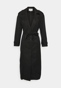 Svart trenchcoat med notched krage, lange ermer, knappet front, belte i midjen og skulderdetaljer. Laget av et glatt stoff.