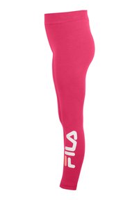 Leggings rosa realizzati in tessuto elastico, con una vita alta e un logo bianco stampato lungo la gamba sinistra.