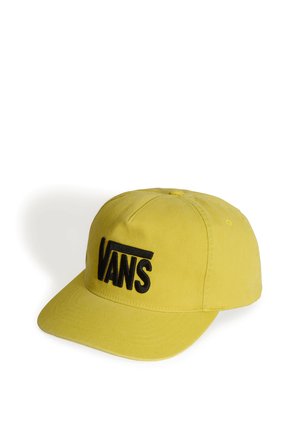 Gorra de béisbol amarilla con el logo negro de Vans bordado en la parte delantera, mostrada sobre un fondo blanco.