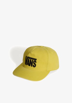 Gorra de béisbol amarilla con el logo negro de Vans bordado en la parte delantera, mostrada sobre un fondo blanco.