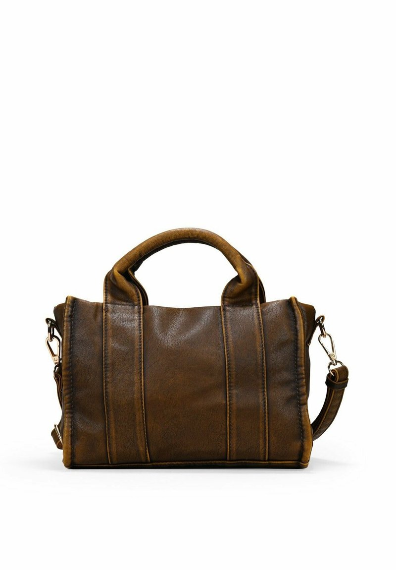 Bolso de mano de cuero marrón con dos asas, correa desmontable y paneles verticales cosidos. Presenta una textura suave y ligeramente brillante.