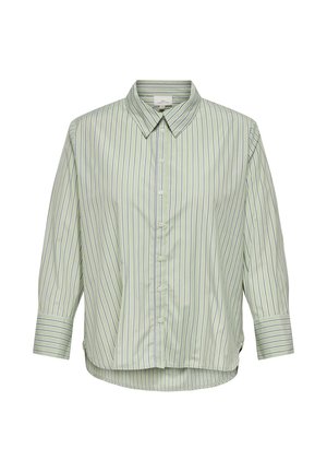 Lichtgroene overhemd met dunne verticale donkere strepen, lange mouwen, puntige kraag en afgeronde zoom.