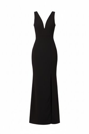 Črna večerna obleka brez rokavov z globokim V-izrezom, oprijetim pasom in sprednjo odprtino na dolgi ravni krilu.