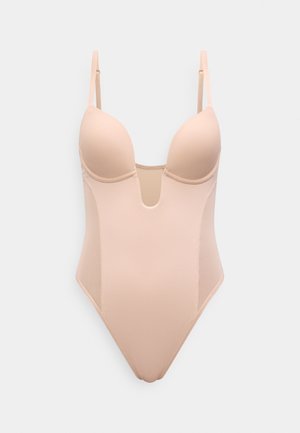 Nude-colored, one-piece shapewear bodysuit with adjustable straps and molded cups, designed for seamless body contouring.