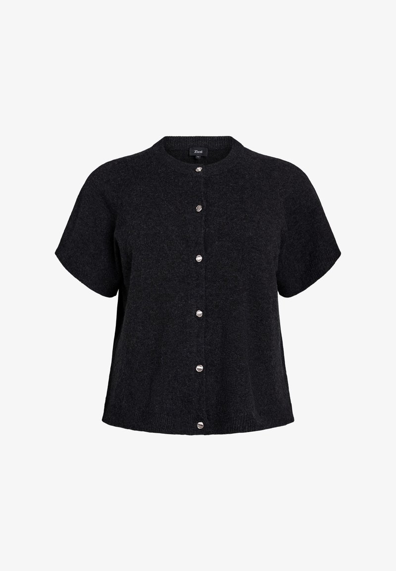 Dark gray short-sleeve cardigan made from soft material, featuring a round neckline and five metallic buttons down the front.