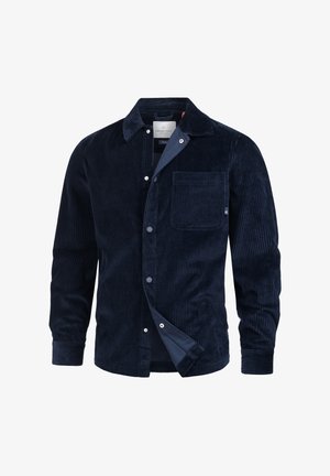 Dunkelblaues Cordhemd mit Knopfdesign, das über eine Brusttasche, gerippte Textur und einen Kragen verfügt.