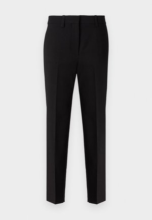 Pantaloni neri eleganti con design a gamba dritta, realizzati in tessuto liscio. Presentano un frontale piatto, passanti per la cintura e una finitura sartoriale.