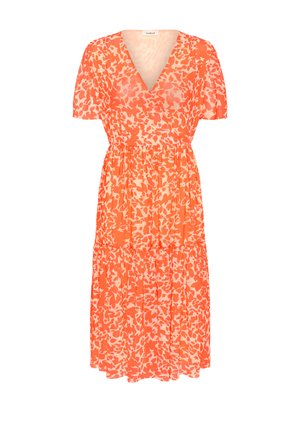 Orangeblommig klänning med djup V-ringning, korta ärmar och en lager-på-lager kjol. Tillverkad av lättviktsmaterial, har en avslappnad passform.