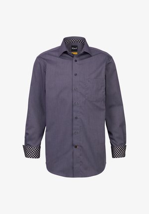 Camicia a maniche lunghe con bottoni di colore viola scuro e strisce verticali chiare, bottoni neri e polsini decorati. Presenta una tasca sul petto.