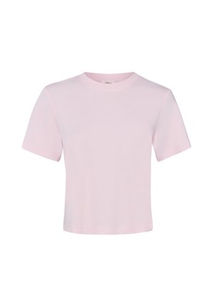 Jasnoróżowy krótki t-shirt z krótkim rękawem, okrągłym dekoltem, prostym wzorem i miękką teksturą materiału.