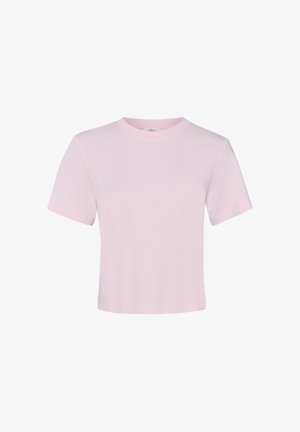 T-shirt court rose clair à manches courtes, col rond, design uni et texture de tissu douce.