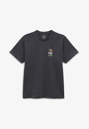 Czarny T-shirt Vans z małą kolorową grafiką węża kobry i stylizowanym napisem na lewej piersi, krótkie rękawy, okrągły dekolt.