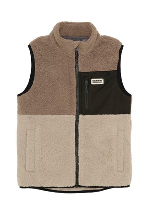 Ärmelweste aus Fleece in Beige und Braun mit Frontreißverschluss, Reißverschlusstasche auf der Brust und "Color Kids"-Label auf der Brusttasche.
