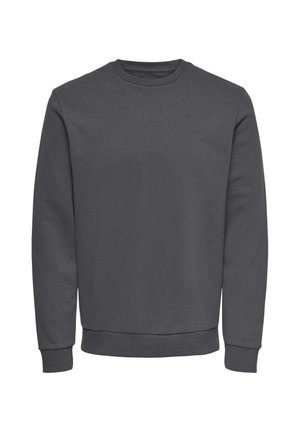 Dunkelgrauer Sweatshirt mit Rundhalsausschnitt, langen Ärmeln und gerippten Bündchen, Kragen und Bund, abgebildet auf weißem Hintergrund.