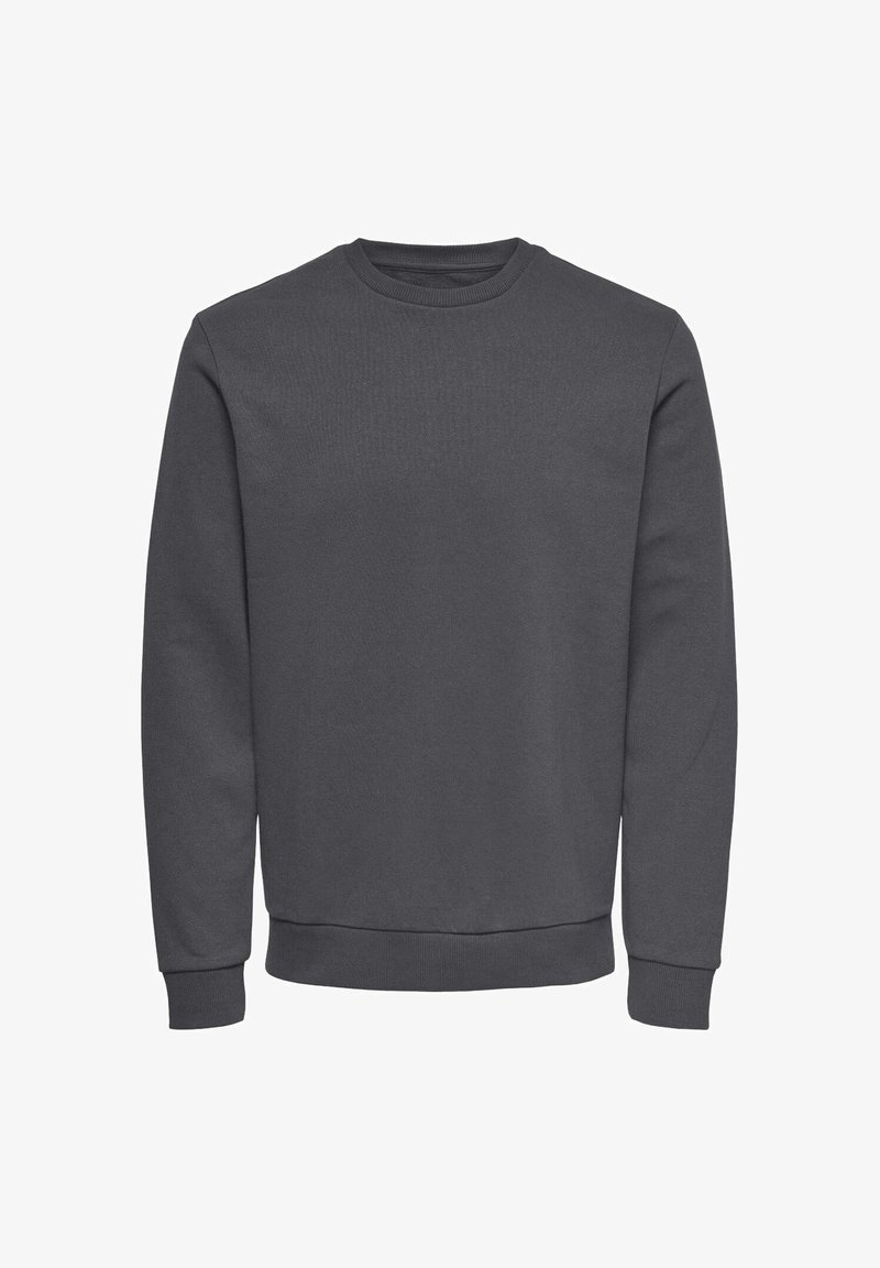 Sweat-shirt gris foncé à col rond avec manches longues et poignets, col et taille côtelés, présenté sur fond blanc uni.