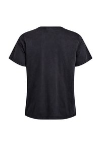 T-shirt en coton noir avec un col rond, des manches courtes et une coupe décontractée. Texture lisse avec des ourlets cousus. Design uni sans motifs.
