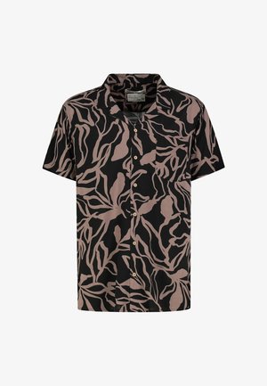 Short-sleeve button-up shirt in black with abstract beige leaf pattern. Features a collar, front pocket, and wooden buttons.