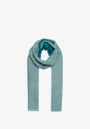 Lichtgewicht, gestructureerde sjaal in een teal gradient. Beschikt over een zachte, vallende stof met rafelige randen en een gladde binnenvoering.