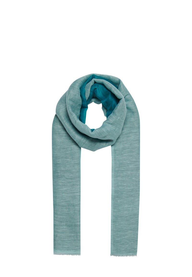 Écharpe légère et texturée dans un dégradé de teal. Se distingue par un matériau doux qui tombe bien, avec des bords effilochés et une doublure intérieure lisse.