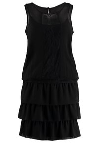 Mustaton hihaton mekko, jossa on pitsipaneeli ja kerroksellinen röyhelödesign. Pehmeä kangas, pyöreä pääntie ja avokäynti takana.