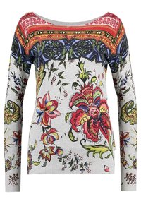Pull à manches longues avec une base grise, des motifs floraux colorés en rouge, bleu et vert, avec un large décolleté et un ourlet côtelé.